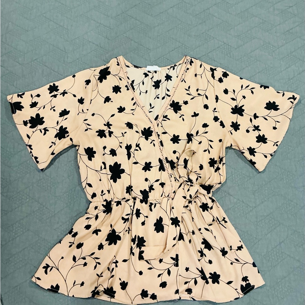 Floral Wrap Top -  Black on Cream